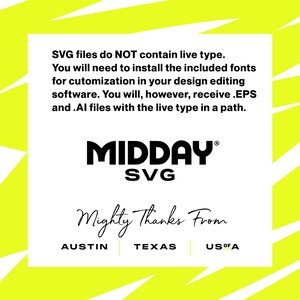 May include: A yellow graphic with black text that reads "SVG files do NOT contain live type. You will need to install the included fonts for customization in your design editing software. You will, however, receive .EPS and .AI files with the live type in a path. MIDDAY SVG Mighty Thanks From AUSTIN TEXAS US OF A"