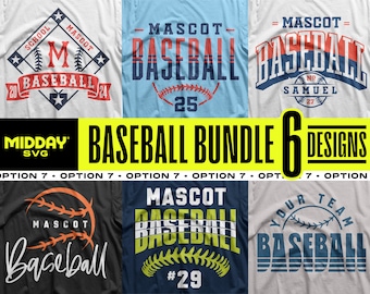 Pode incluir: Um conjunto de seis designs de t-shirts com tema de beisebol com diferentes combinações de cores e texto, incluindo "School Mascot Baseball", "Mascot Baseball", "Mascot Baseball", "Mascot Baseball", "Your Team Baseball" e "Baseball".