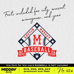 May include: A blue and red baseball team logo with the text "AUSTIN MASCOT BASEBALL 20 24". The logo is in the shape of a baseball diamond with a large "M" in the center. The font for the word "BASEBALL" is not included.