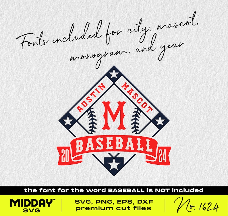 May include: A blue and red baseball team logo with the text "AUSTIN MASCOT BASEBALL 20 24". The logo is in the shape of a baseball diamond with a large "M" in the center. The font for the word "BASEBALL" is not included.