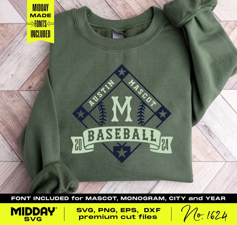 May include: Green sweatshirt with a baseball-themed design. The design features a diamond shape with a baseball bat and ball, the letter "M", and the text "Austin Mascot Baseball 20 24".