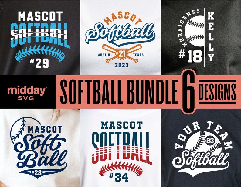 May include: A set of six softball-themed designs for t-shirts. The designs feature different text and graphics, including the words "Mascot Softball", "Your Team Softball", and "Hurricanes Kelly #18".
