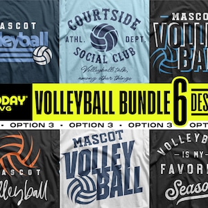 Puede incluir: Un conjunto de seis diseños de camisetas con temática de voleibol. Los diseños presentan diferentes combinaciones de colores y texto, incluyendo "Mascot Volleyball", "Volleyball Talk", "Volleyball is My Favorite Season" y "Courtside Volleyball Social Club".