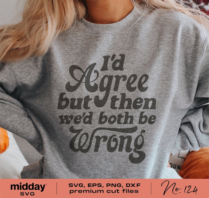 May include: A gray sweatshirt with the text "I'd Agree but then we'd both be Wrong" printed in black. The text is in a retro font style.