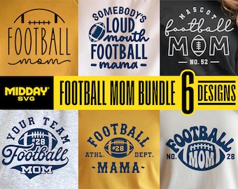 May include: A set of six football mum SVG designs. The designs feature various football-themed phrases and graphics, including "Football Mum", "Your Team Football Mum", "Somebody's Loud Mouth Football Mama", "Football Mum No. 52", "Football Athl. -Mama- Dept." and "Football Mum 28".