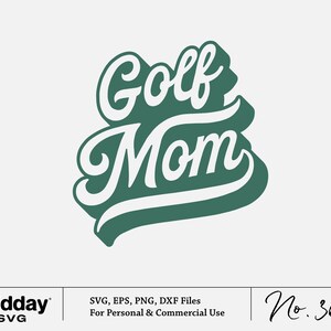 Op de afbeelding: Groen en wit tekstontwerp dat "Golf Mom" zegt in een gestileerd lettertype.