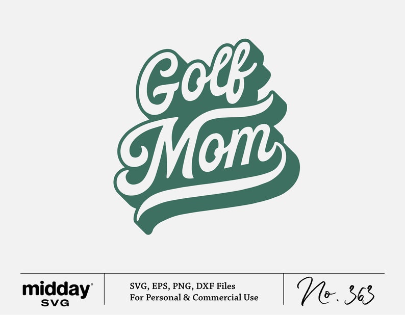 Op de afbeelding: Groen en wit tekstontwerp dat "Golf Mom" zegt in een gestileerd lettertype.
