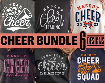 May include: Six different cheerleading t-shirt designs featuring a variety of cheerleading themes, including "Your Team Cheer", "Mascot Cheer Leading", "Mascot Cheer 2022", "Mascot Cheer Leading", "Your Team Cheer Leading", and "Mascot Cheer Squad".