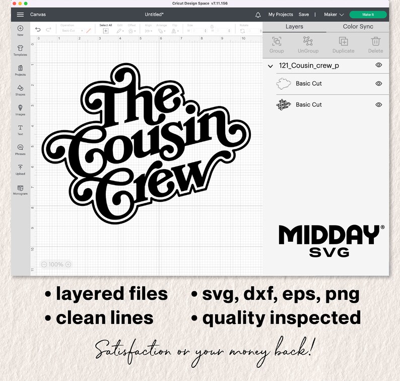 May include: A black and white digital design of the text "The Cousin Crew" in a retro font style. The design is on a white background with a grid pattern. The text "MIDDAY SVG" is also included in the image.