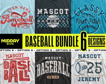 Pode incluir: Um conjunto de seis designs SVG com tema de beisebol para camisetas. Os designs apresentam uma variedade de imagens relacionadas ao beisebol, incluindo bolas de beisebol, bastões e as palavras "Mascot Baseball".