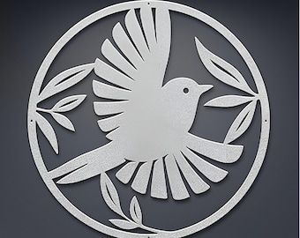Bird Steel Wall Art Sign, Bird with Leaves, Peaceful Modern, Outdoor Garden