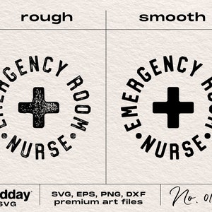 Peut inclure: Conception graphique en noir et blanc d'un cercle avec le texte "EMERGENCY ROOM NURSE" autour de l'ext&eacute;rieur et un signe plus au centre. Le graphique est pr&eacute;sent&eacute; en deux versions&nbsp;: une avec un aspect rugueux et textur&eacute; et une avec un aspect lisse et propre.
