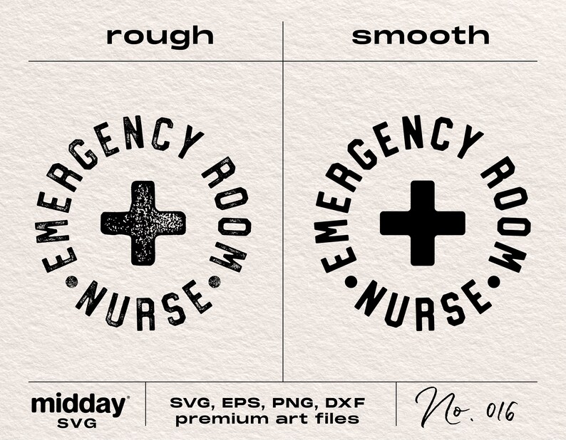 Peut inclure: Conception graphique en noir et blanc d'un cercle avec le texte "EMERGENCY ROOM NURSE" autour de l'ext&eacute;rieur et un signe plus au centre. Le graphique est pr&eacute;sent&eacute; en deux versions&nbsp;: une avec un aspect rugueux et textur&eacute; et une avec un aspect lisse et propre.