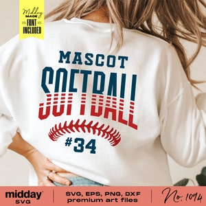 May include: White sweatshirt with a red, white, and blue softball design. The text "MASCOT SOFTBALL" is in a vintage style font. The number "34" is below the softball design.