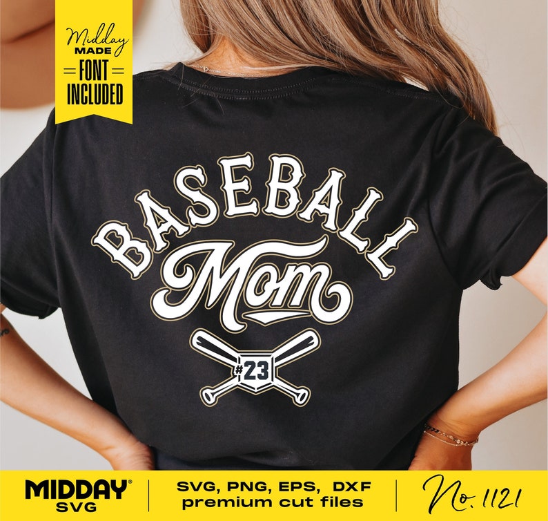 May include: A black t-shirt with a white design that says "BASEBALL Mom" with a baseball bat and ball graphic and the number 23.