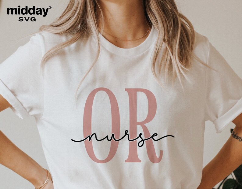 May include: White t-shirt with the letters "OR" in pink and the word "nurse" written in cursive underneath.