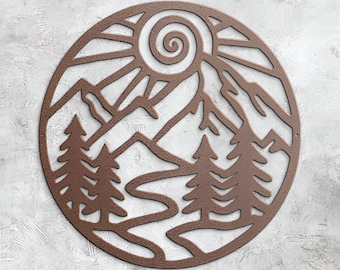Mountain Metal Wall Art Round Steel Sign, Sun River Pine Trees, Rustic Cabin Decor