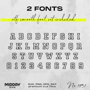 Pu&ograve; includere: Un download digitale di due font, uno in uno stile grassetto e a blocchi. Il set di font include lettere maiuscole, numeri e il testo "otf smooth font set included".