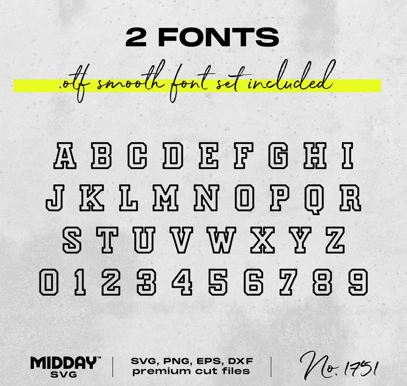 Pu&ograve; includere: Un download digitale di due font, uno in uno stile grassetto e a blocchi. Il set di font include lettere maiuscole, numeri e il testo "otf smooth font set included".