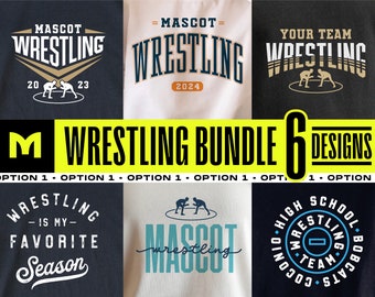 Op de afbeelding: Een bundel van zes worstelthema-ontwerpen voor T-shirts. De ontwerpen bevatten verschillende worstelgerelateerde tekst en afbeeldingen, waaronder "Mascot Wrestling", "Your Team Wrestling" en "Wrestling is My Favorite Season".