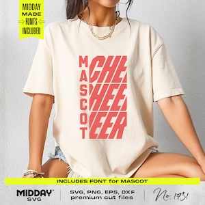 May include: A white t-shirt with a red graphic that says "MASCOT CHEER" in a stylized font. The graphic is in a vertical orientation with the letters stacked on top of each other.