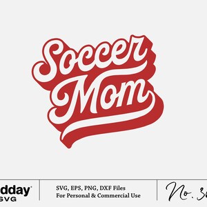 K&ouml;nnte beinhalten: Rot-wei&szlig;er stilisierter Text, der "Soccer Mom" in einer Retro-Schriftart liest.