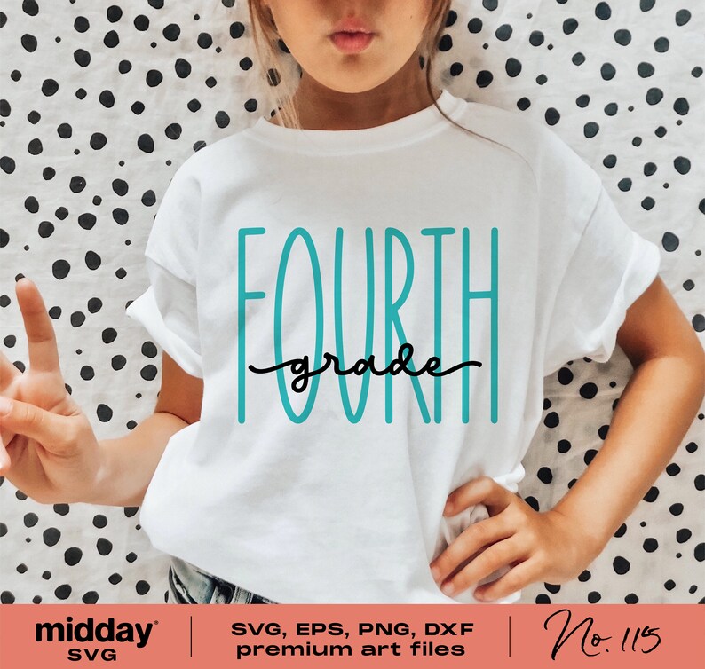 May include: A white t-shirt with the text "FOURTH grade" in turquoise blue lettering. The text is in a handwritten style font.