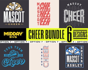 May include: A set of six cheerleading designs featuring the word "cheer" in various styles and colors. The designs include a megaphone, a cheerleader's bow, and the words "mascot" and "cheer".