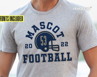 May include: A gray t-shirt with a navy blue and gold graphic of a football helmet with the text "MASCOT 20 53 22 FOOTBALL".