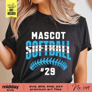 May include: A black t-shirt with a blue and white graphic that says "Mascot Softball #29".