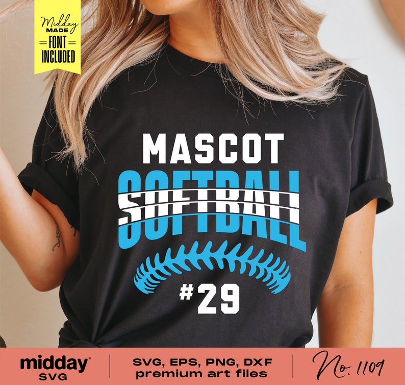 May include: A black t-shirt with a blue and white graphic that says "Mascot Softball #29".
