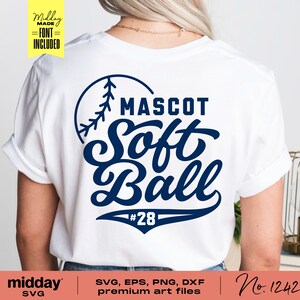 May include: A white t-shirt with a blue softball design. The design includes a baseball with stitching, the words "MASCOT Soft Ball", and the number "28".