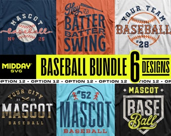 Pode incluir: Um conjunto de seis designs de t-shirts com tema de beisebol. Os designs apresentam bolas de beisebol, bastões e texto como "Hey Batter Batter Swing", "Your Team Baseball #28" e "Mascot Baseball".