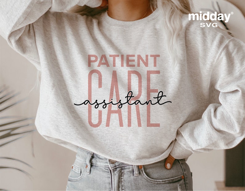 May include: A gray sweatshirt with the text "PATIENT CARE assistant" in pink lettering.