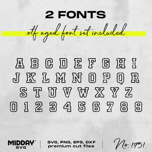 Pu&ograve; includere: Due font, un set di lettere maiuscole e numeri in stile vintage usurato. Il testo "off aged font set included" &egrave; scritto in corsivo sopra il set di font. Il testo "MIDDAY SVG" &egrave; nell'angolo in basso a sinistra dell'immagine. Il testo "SVG, PNG, EPS, DXF premium cut files" &egrave; al centro in basso dell'immagine. Il testo "No. 1751" &egrave; nell'angolo in basso a destra dell'immagine.