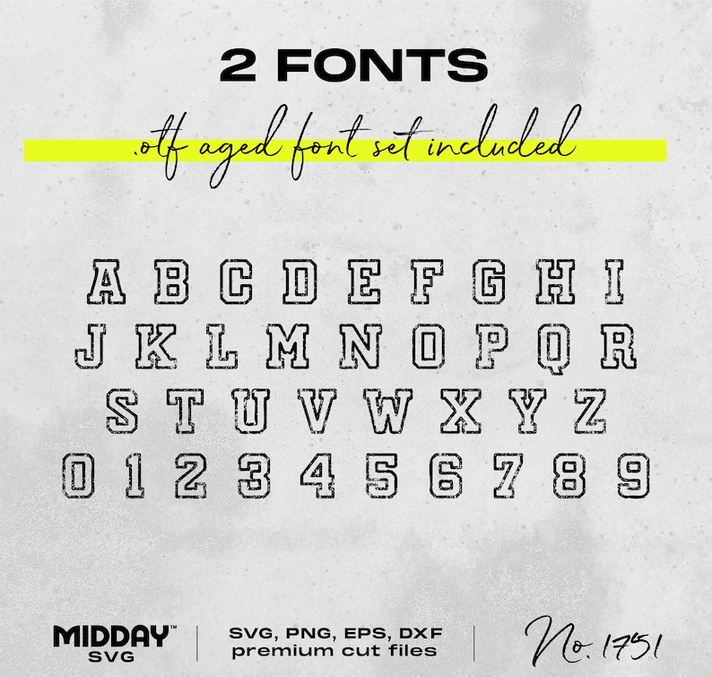 Pu&ograve; includere: Due font, un set di lettere maiuscole e numeri in stile vintage usurato. Il testo "off aged font set included" &egrave; scritto in corsivo sopra il set di font. Il testo "MIDDAY SVG" &egrave; nell'angolo in basso a sinistra dell'immagine. Il testo "SVG, PNG, EPS, DXF premium cut files" &egrave; al centro in basso dell'immagine. Il testo "No. 1751" &egrave; nell'angolo in basso a destra dell'immagine.