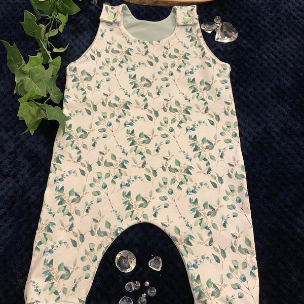 Unisex Eucalyptus Leaf Baby Toddler Rompers in Sage Green,Australian Inspired Dungarees,  Baby Gift, New Baby Gift, Baby Shower Gift
