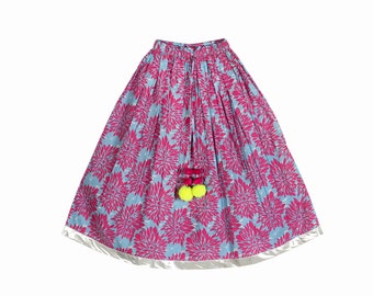 Jupe kids girls, jupe maxi évasée imprimée florale confortable en pur coton, jupe indienne Sanganeri imprimée à la main pour filles.