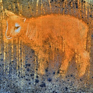 May include: An orange-toned illustration of a lamb against a textured background. The lamb is depicted in profile, with detailed lines defining its form. The background features vertical streaks and speckled patterns, creating a rustic aesthetic.