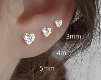 Sterling Silver 3mm,4mm,5mm Love Heart Cubic Zirconia CZ Stud Earrings Gift UK