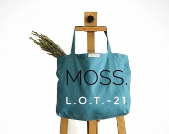 Zero waste grocery tote Plaid print shopper Linen market bag Eco friendly Tote bag in checked linen with leather straps Linen shopper
