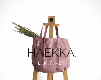 Zero waste grocery tote Plaid print shopper Linen market bag Eco friendly Tote bag in checked linen with leather straps Linen shopper