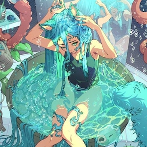 SEA DIPPER Art Print • Dreamy, Aesthetic Anime Wall Art • Surreal, Crustacean + Catgirl Illustration • Perfect Gift for Swimmers + Sailors!