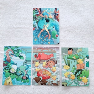 SEA DIPPER Art Postcard Set • Dreamy, Aesthetic Anime Mini Prints • Cute, Kawaii Stationery Gifts • Crustaceancore, Kappa & Duck Designs!