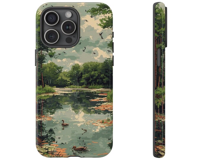 Pixel Art Duck Pond Wilderness Forest Phone Case: iPhone, Galaxy, Pixel - Lifetime Warranty