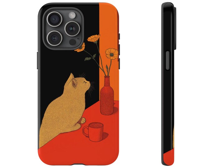 Cat on Coffee Mug Table Phone Case, Yellow Flower Vase Cover, Artistic Abstract Design - Premium UV Print Slim Tough Cover Protector Case