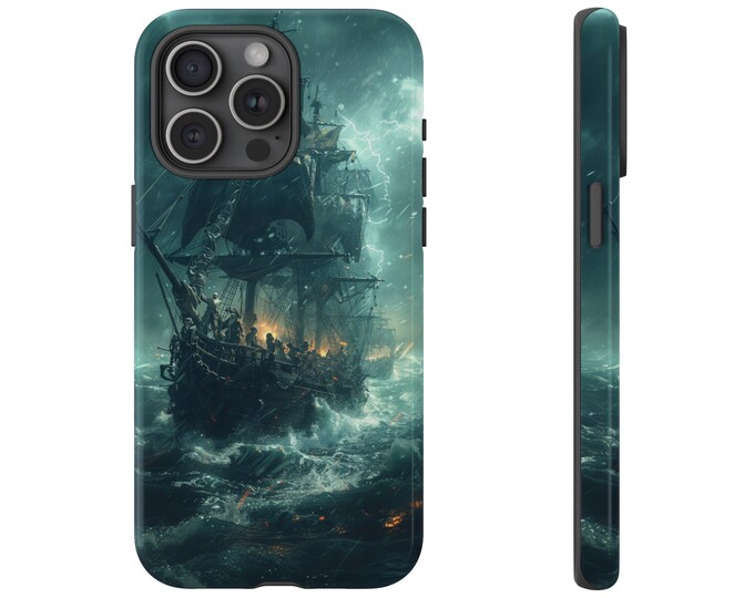 Ghost Pirate Ship in Ocean Thunderstorm Phone Case: iPhone, Galaxy, Pixel - Lifetime Warranty