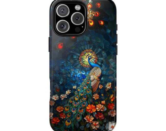 Blue Peacock Stained Glass Floral Bird Phone Case: iPhone, Galaxy, Pixel - Lifetime Warranty