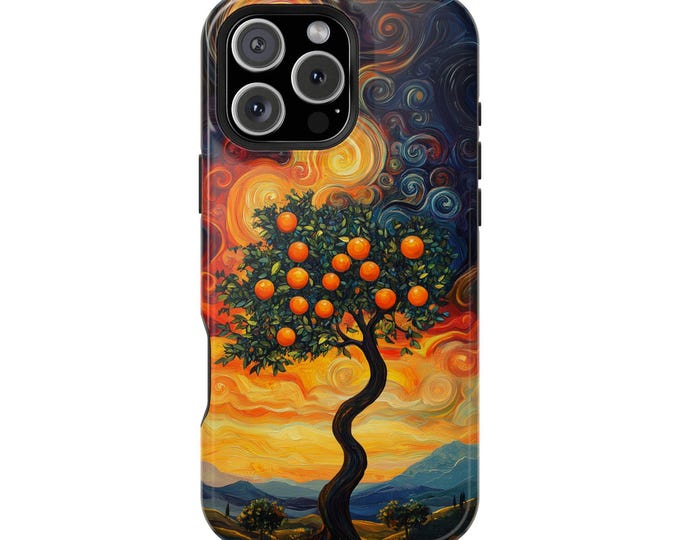 Orange Tree Brushed Oil Painting Swirling Skies Phone Case: iPhone, Galaxy, Pixel - Lifetime Warranty
