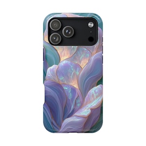 May include: A smartphone case featuring an abstract design of layered, iridescent petal-like shapes in shades of soft purple, teal, and gold. The pattern displays a fluid, organic aesthetic with glowing highlights and thin, metallic-colored outlines.